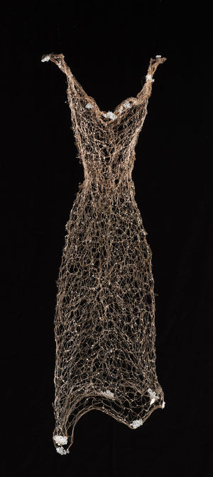 Brass wire, hand woven, with glass and resin. Wire Dress Sculpture