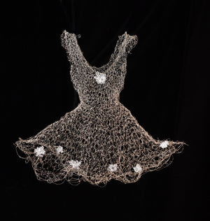 Hand spun and woven copper wire with glass and resin accents.Wire Dress Sculpture