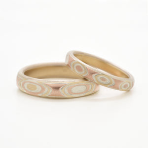 unique mokume gane wedding ring set, faceted droplet pattern