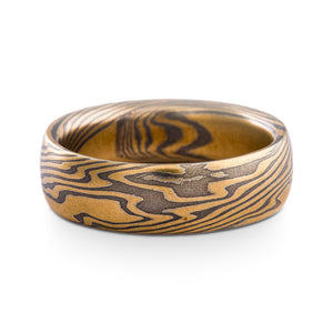 Mokume Gane ring or wedding band arn krebs, spark palette twist pattern, yellow gold and silver