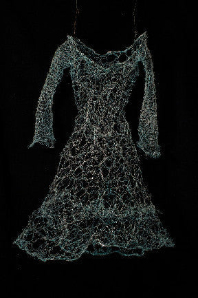 Patinaed copper wire, hand woven, with resin.Wire Dress Sculpture