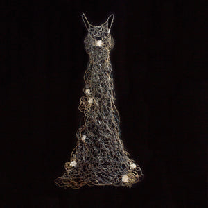 Densely woven thick silver wire dress sculpture featuring large glass clusters and gold wire flower accents, beautiful home decor, artistic interior decor, hanging sculpture suitable for wall or suspended freely