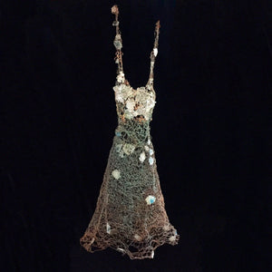 Woven copper wire dress green patina and glass heavily adorns bodice, interior decoration, home decor, fine art decor, fine art sculpture, collectible