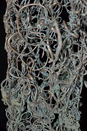 Electroformed copper over hand woven copper wire. Patinaed.Wire Dress Sculpture