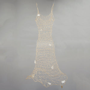 Thin gold wire open weave dress sculpture with some clear glass dotted sparingly, A-line thin straps 