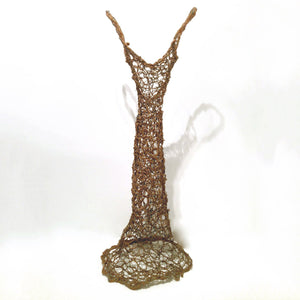 Medium sized thick wire standing copper dress sculpture with straps and skinny torso, outdoor decor, whimsical garden sculpture