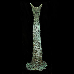 Large scale standing dress sculpture thick electroformed copper wire with green matte copper patina