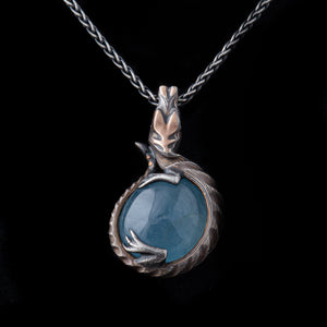 Mokume Gane Water Dragon Pendant made with Aquamarine Cabochon