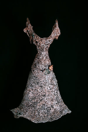 Silver and copper metal dress sculpture with botanical accents chains for sleeves. Nicole hollis 