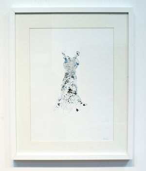 Lightly printed wire dress collagraph print with blue and black ink thin wire. In white frame matted
