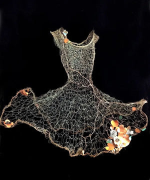 wire dress sculpture with floral accents