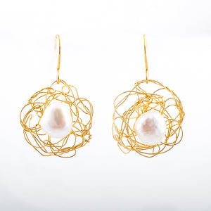 Spun Disk Earrings with Centered Freshwater Pearl