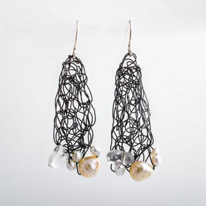 Spun Triangle Earrings with Quartz and Freshwater Pearls