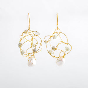 14K Gold Knot Raw Diamond and Freshwater Pearl Earrings