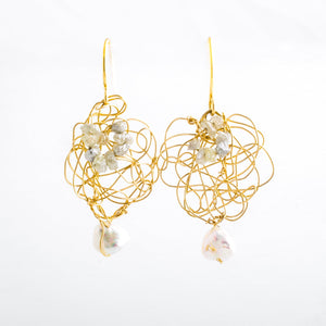 14K Gold Spun Freshwater Pearl Raw Diamond and Keishi Pearl Earrings