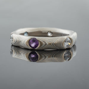 Custom Mokume Gane Guri Bori Band or Wedding Ring in Smoke Palette with Diamonds, Blue Topaz, and Amethyst