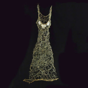 Long woven gold wire dress sculpture with three glass clusters at bust with straps a-line, interior decoration, home decor, fine art decor, fine art sculpture, collectible