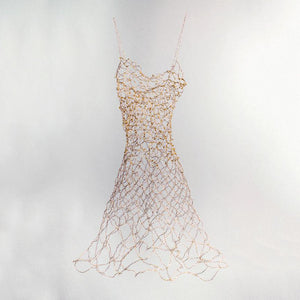 Woven copper wire dress sculpture with chains densely woven to open weave at bottom a-line dress thin straps, home decor, accent piece, art for the home, sculpture