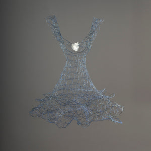 Short wire sculpture dress with ruffled tiered skirt and glass accent at bust, interior decor, home decor, art collection