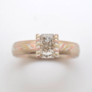 Mokume gane ring or engagement ring arn krebs, fire palette vortex pattern, floating channel, diamond, low dome, red gold yellow gold and sterling silver