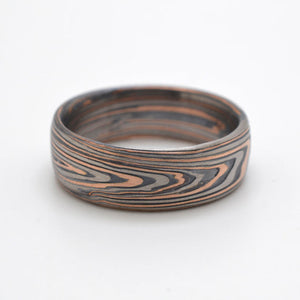 Mokume gane ring or wedding band arn krebs embers palette vortex pattern, flat profile, red gold silver and palladium