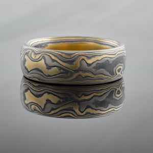 mokume gane ring mens wedding band gold black oxidized woodgrain
