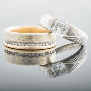 mokume gane ring set wedding rings woodgrain gold diamonds