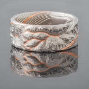 Earthy Mokume Gane Guri Bori Twist Wedding Ring or Band in Ash Palette with an added Red Gold Stratum