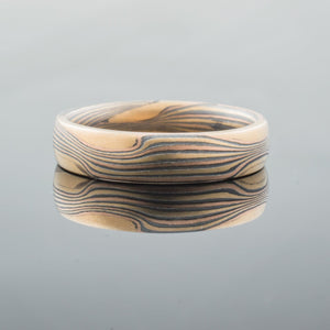Bold Mokume Gane Wedding Band or Ring in the Flow Pattern with Solid Knots and Fire Palette