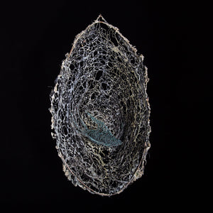 Blue copper wire bird in nest sculpture wall art woven metallic oval nest