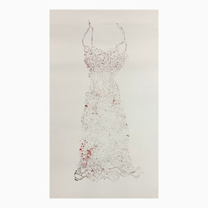 Lightly printed wire dress collagraph print with black and red ink thin wire. In white frame matted, wire dress, printed media, home decor, interior decor
