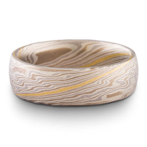 Unique Mokume Gane Wedding Band or Ring in Twist Pattern and Smoke Palette with 18k Gold Stratum