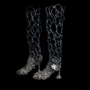Metal silver blue gradient wire art boot sculpture knee high tall heeled boots glass accents artisan, home decor, art collection, display