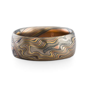 Rich Ravine Mokume Gane Ring or Wedding Band or Ring in Firestorm Palette and Twist Pattern with Kazaru