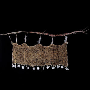 Gold woven tapestry ruffled curtain hanging from branches wall art glass drops fringe, home decor, interior design