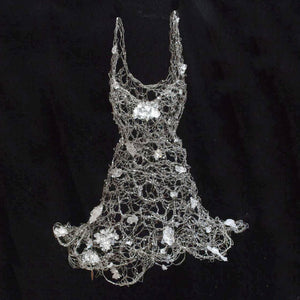 Silver woven wire dress sculpture hanging short length and straps dotted with clear glass accents clusters